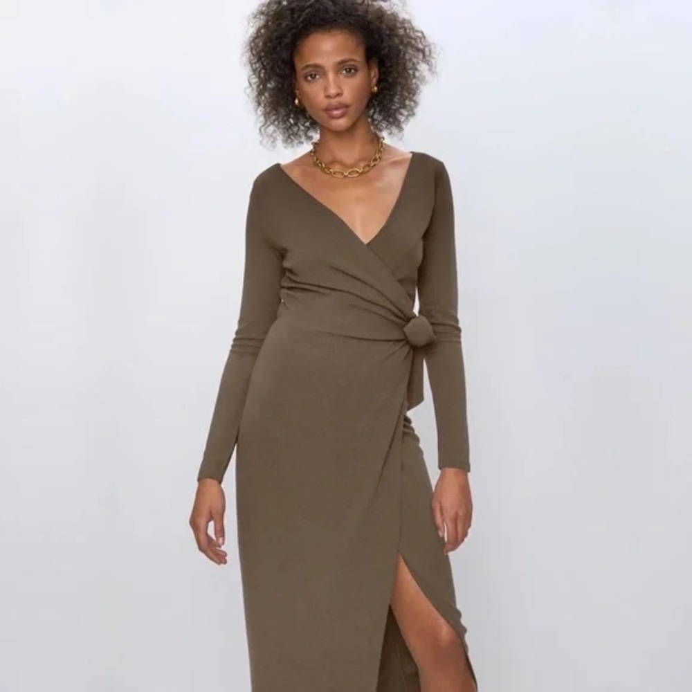 Babaton Olive Green Wrap Midi Dress